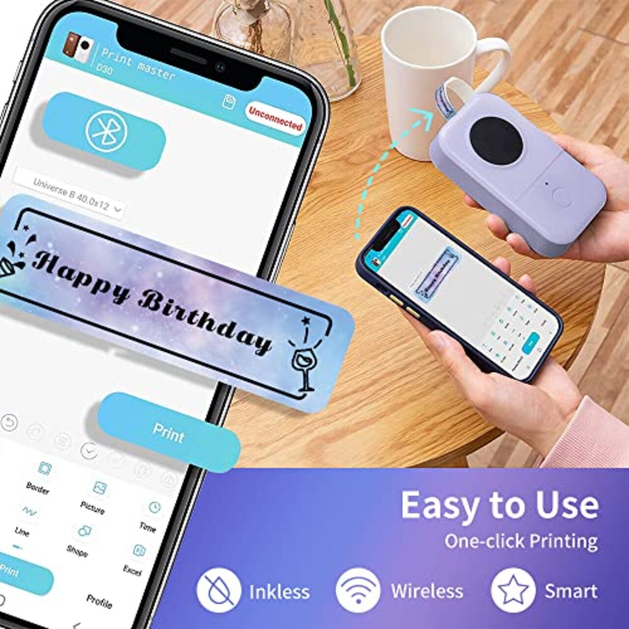 D30 Label Maker with Tape Portable Bluetooth Mini Sticker Thermal Label Printer Handheld Rechargeable Easy to Use for Office and Home Organization Rich Icon Fonts and Multiple Templates